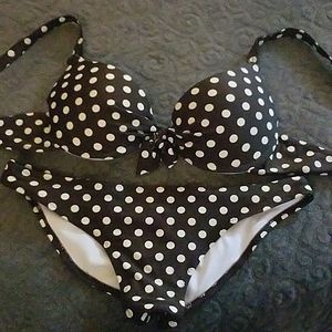 Brown & white polka dot bikini.
